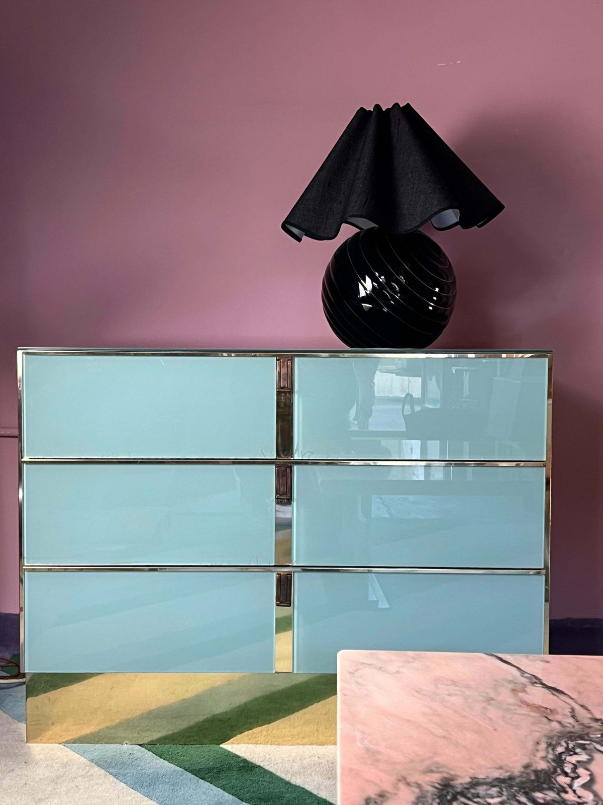 Turquoise And Gold Glass Sideboard By Ello Furniture, American 1970s photo vinterior