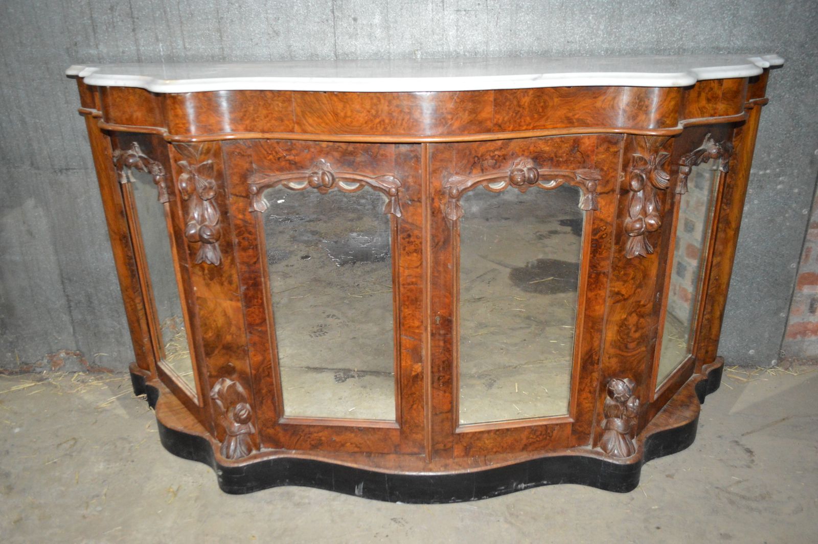 A Serpentine Victorian Burr Walnut Four Door Credenza