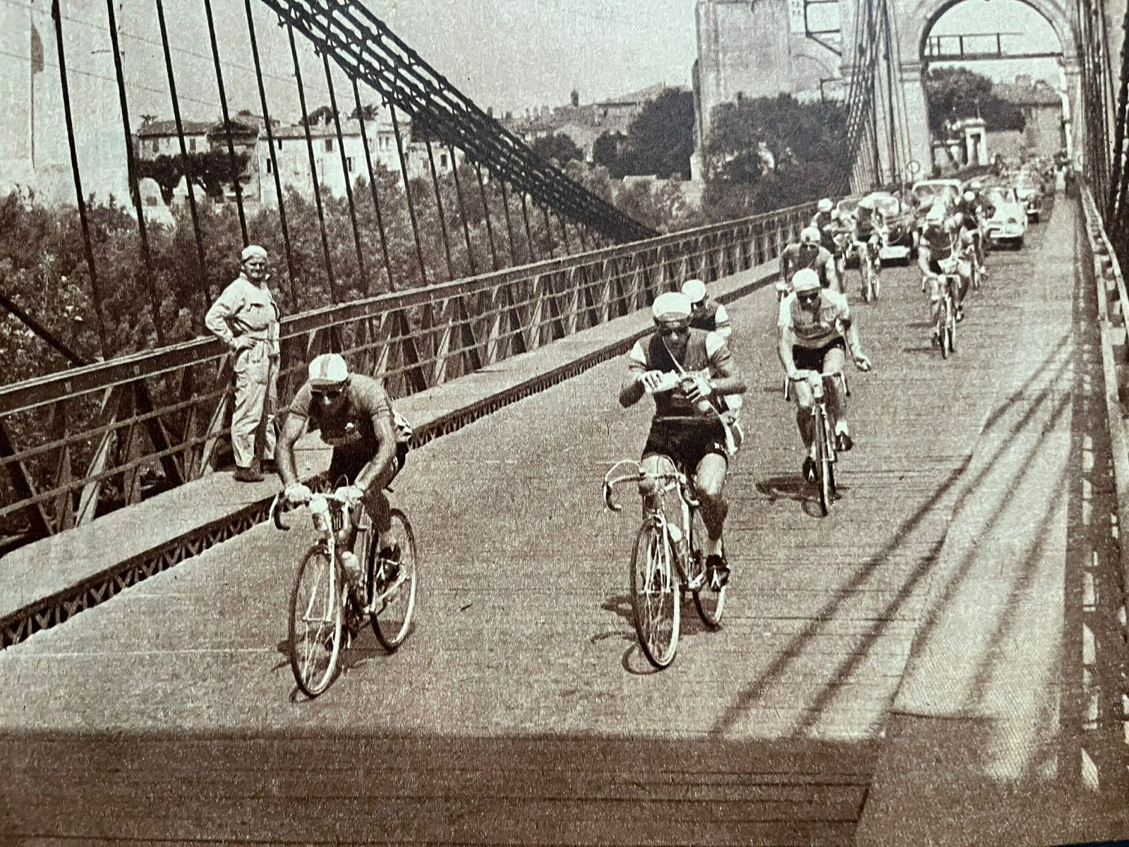 Original 1950s Vintage French Tour De France Cycling Print   Caen   Pont De Tarascon photo furniture