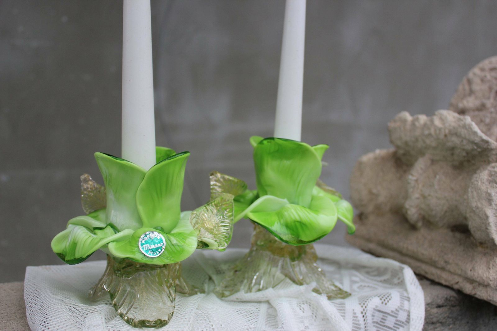Perfect Set Of Candleholders, Green Italian Murano Glass And Gold Flake In Flower Shape, Green Home Accent, Collectible Art Glass photo 487.0