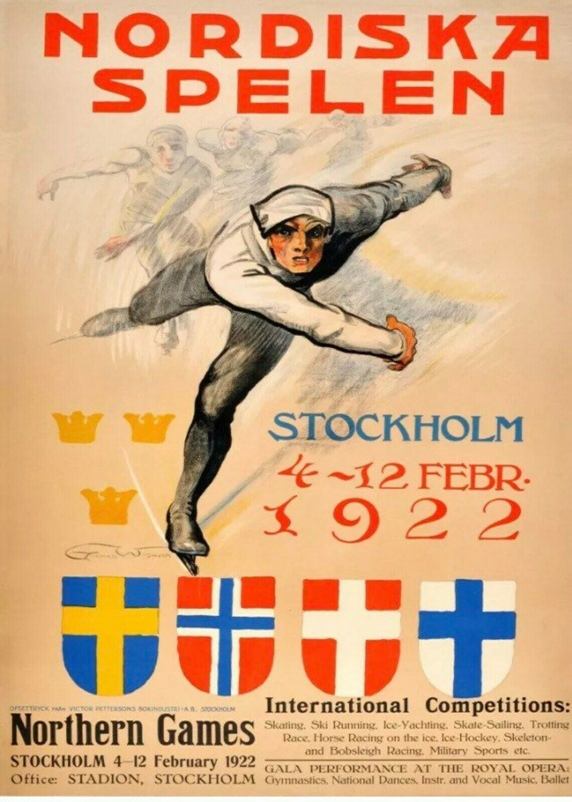 1922 Stockholm Vintage Ski Resort Poster “Nordiska Spelen”Art Deco