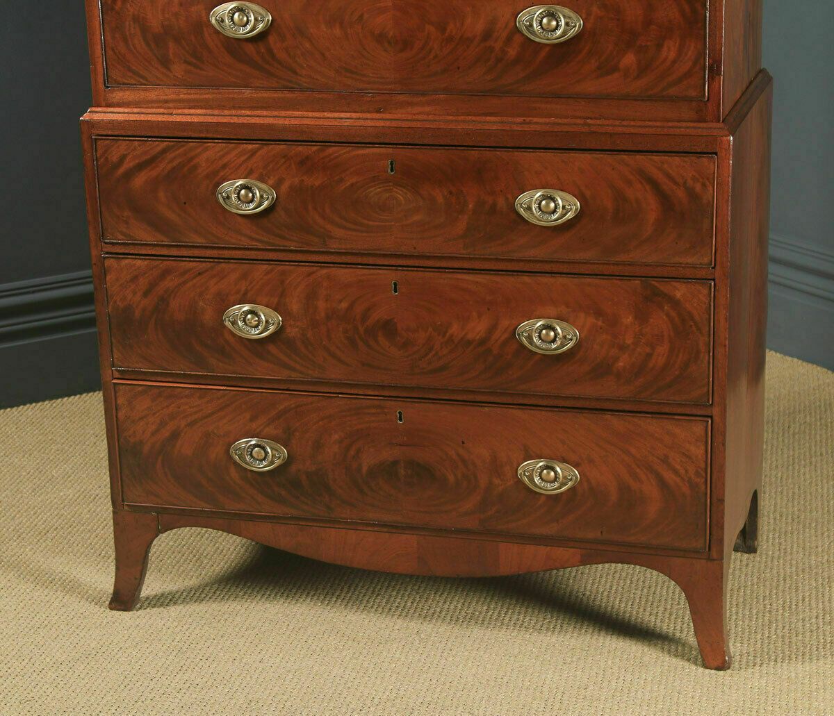 Antique Channel Islands Georgian Regency Flame Mahogany Inlaid Tallboy Chest photo Furniture