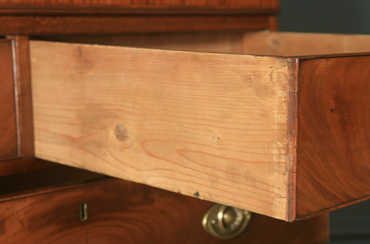 photo furniture Antique Channel Islands Georgian Regency Flame Mahogany Inlaid Tallboy Chest