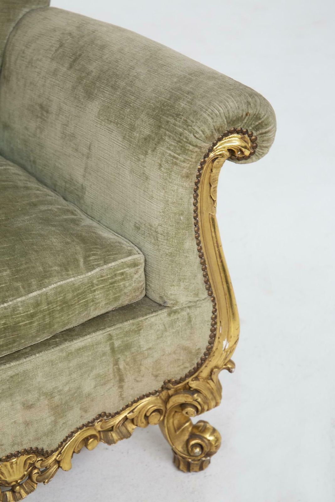 Vintage Italian Sofa In Gilded Wood And Green Velvet photo for sale
