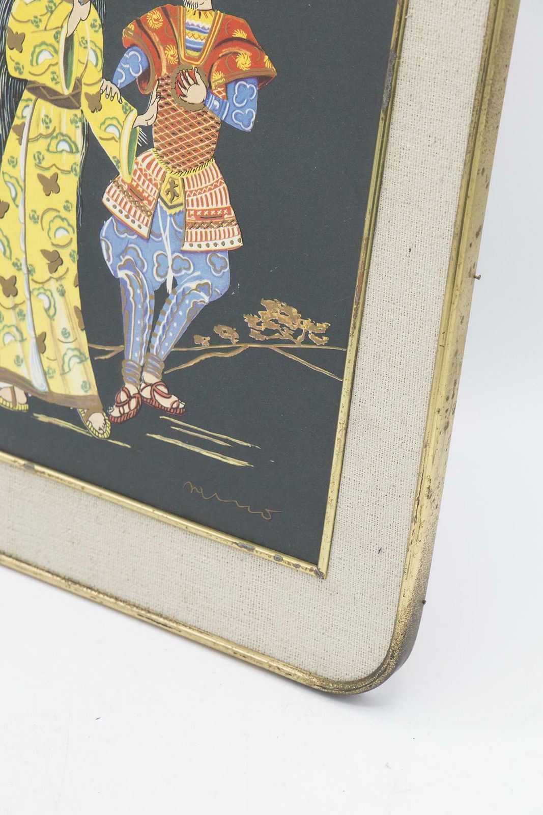 Antique Japanese Jute And Brass Painting ''First Date'' photo vinterior
