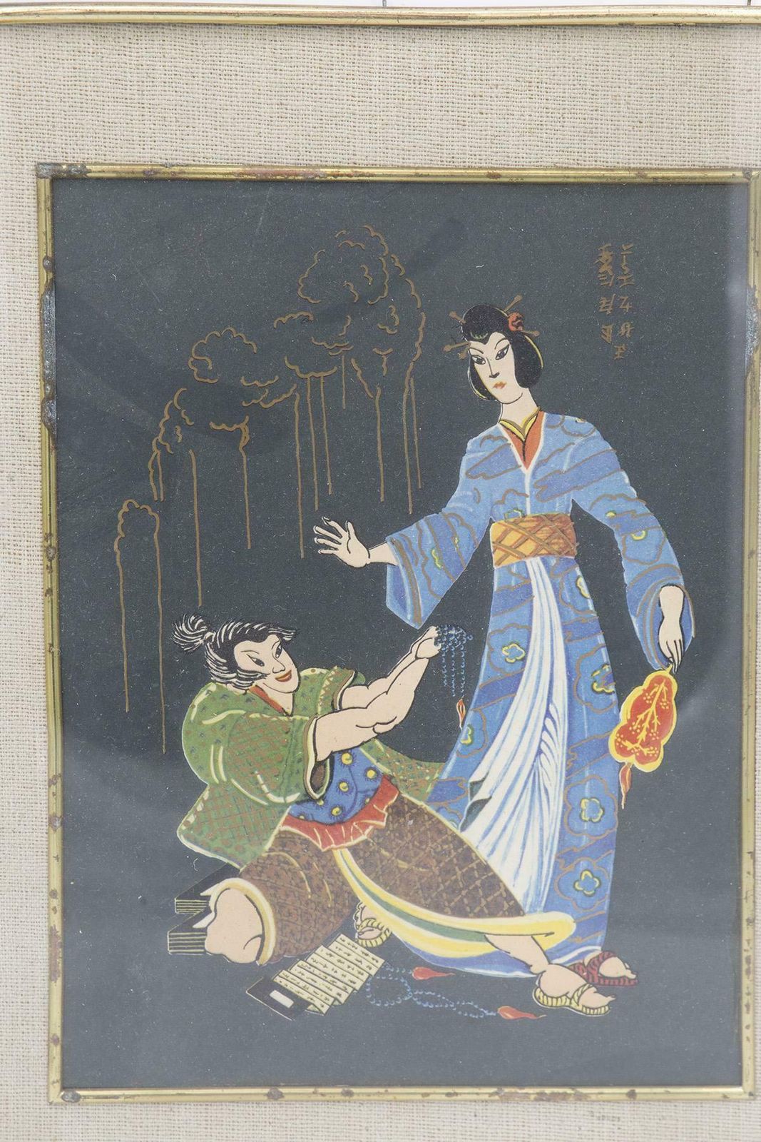 Antique Japanese Brass Framed Painting ''Wedding'' photo furniture