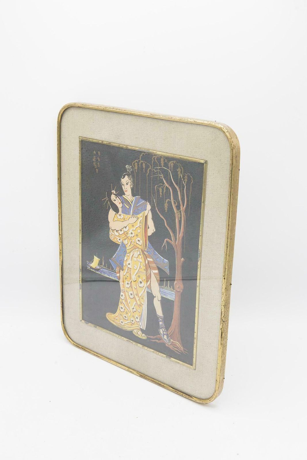 Antique Japanese Painting Framed On Jute ''Lovers Dance'' photo vinterior