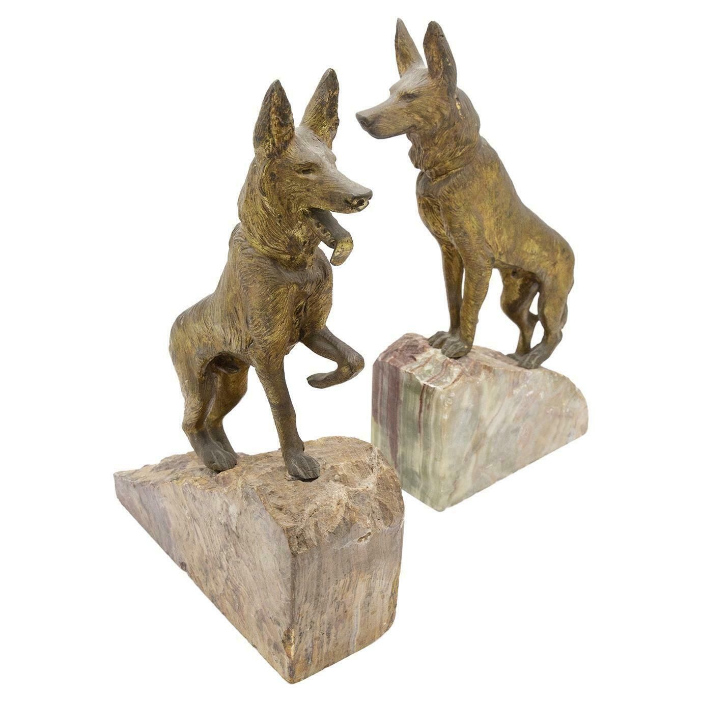 Pair Of Dog Shaped Bookends Made Of Onyx And Bronze