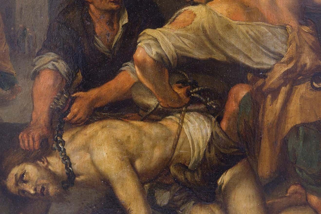 Caravaggesque Oil On Copper "Flagellation Of Christ" Baroque Sicilian, 17th Cent photo buy