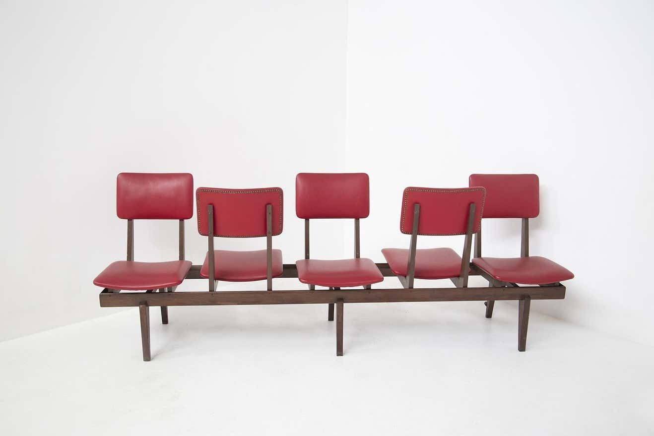 Italian Vintage Bench With Red Leather Seats, 5 Seats photo vintage