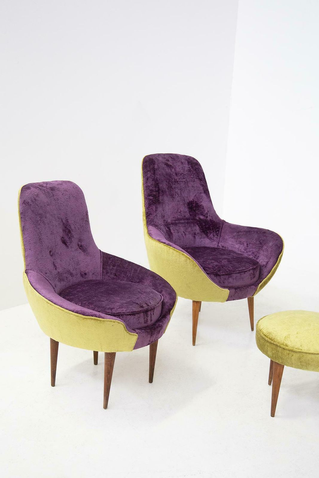 Furniture Small Vintage Wooden Armchairs In Velvet Purple And Green With Pouffe photo