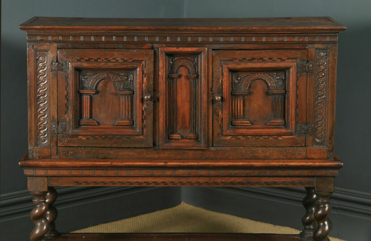 Antique English 17th Century Oak Inlaid Cupboard On Stand (Circa 1675 photo for sale