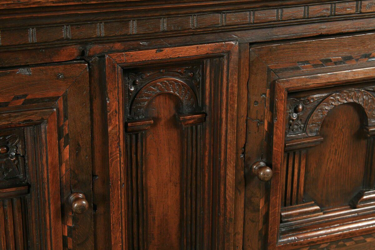 Antique English 17th Century Oak Inlaid Cupboard On Stand (Circa 1675 photo vintage