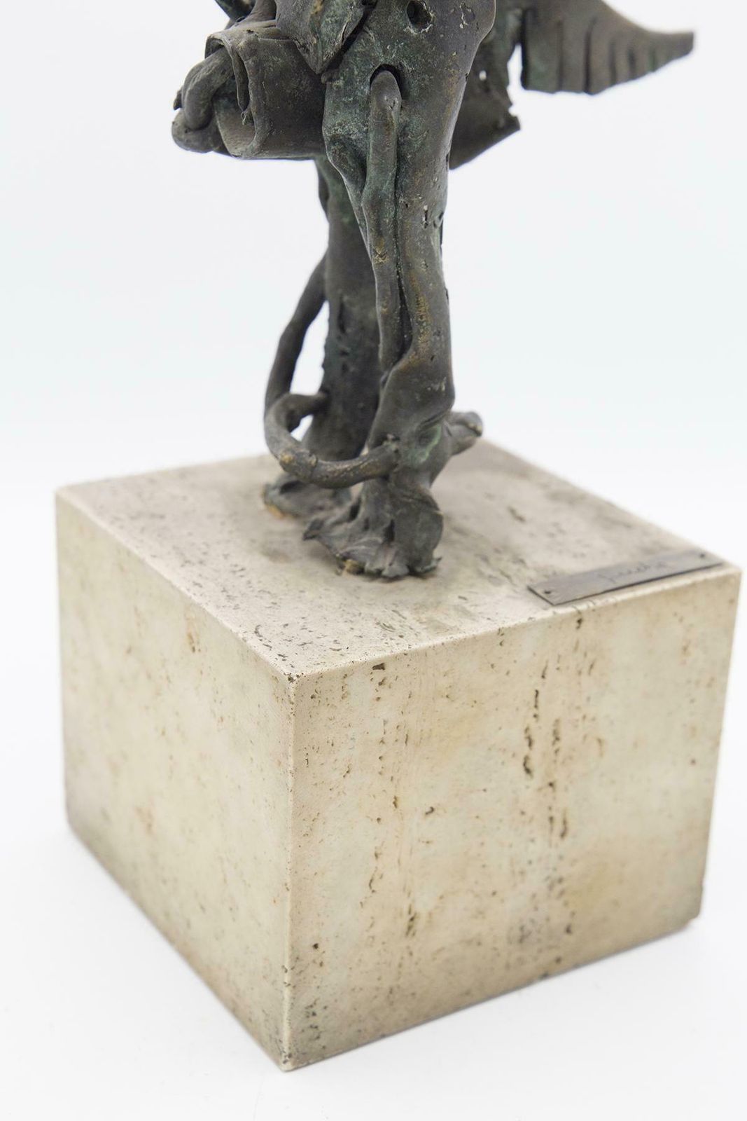 Brutalist Bronze Mythological Bird Sculpture In Travertine photo vinterior