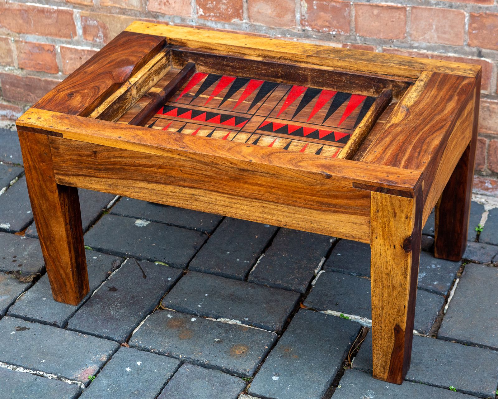 photo vinterior Turkish Backgammon Rustic Coffee Table Metamorphic Artisan Rainbow Poplar Wood Middle Eastern Hardwood Mid Century Mcm 1970s