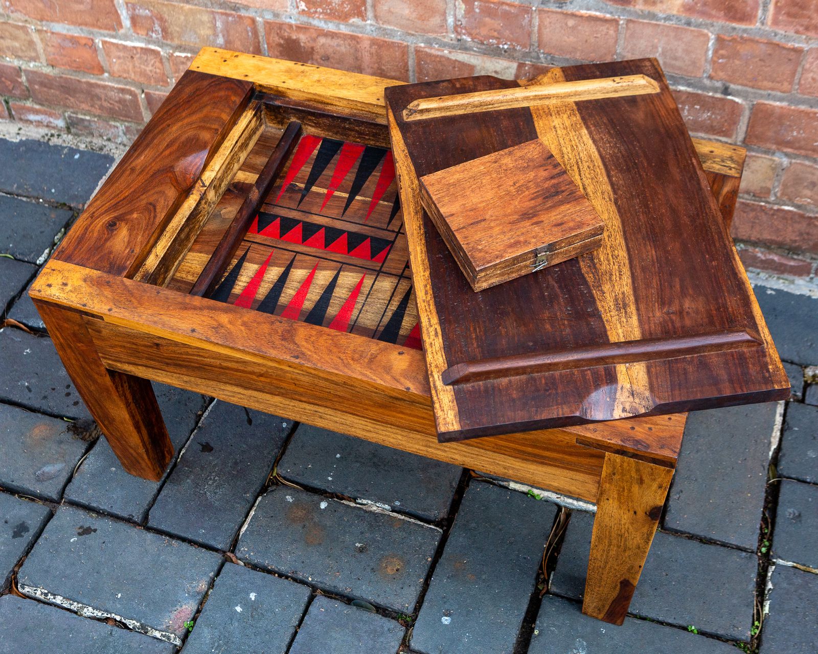 Turkish Backgammon Rustic Coffee Table Metamorphic Artisan Rainbow Poplar Wood Middle Eastern Hardwood Mid Century Mcm 1970s photo vinterior