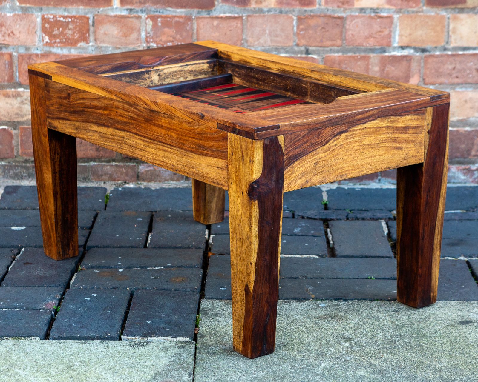Turkish Backgammon Rustic Coffee Table Metamorphic Artisan Rainbow Poplar Wood Middle Eastern Hardwood Mid Century Mcm 1970s photo vintage