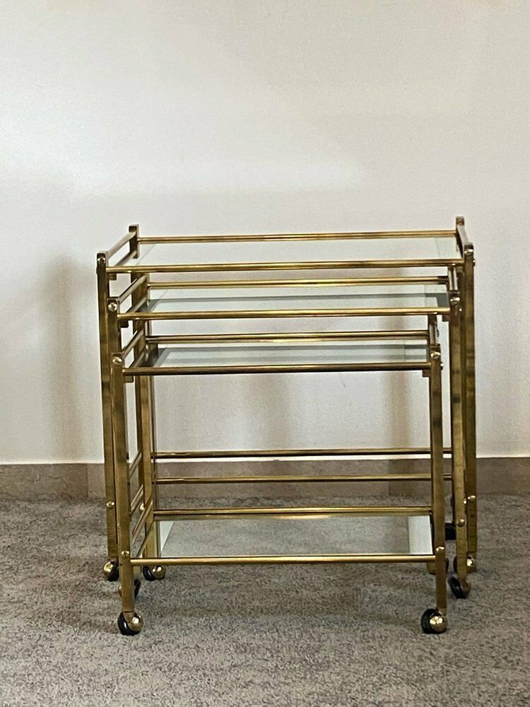 Italian Nesting Tables In Brass And Glass 1970 Set Of 3 photo buy