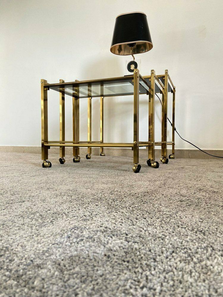 photo for sale Italian Nesting Tables In Brass And Glass 1970 Set Of 3