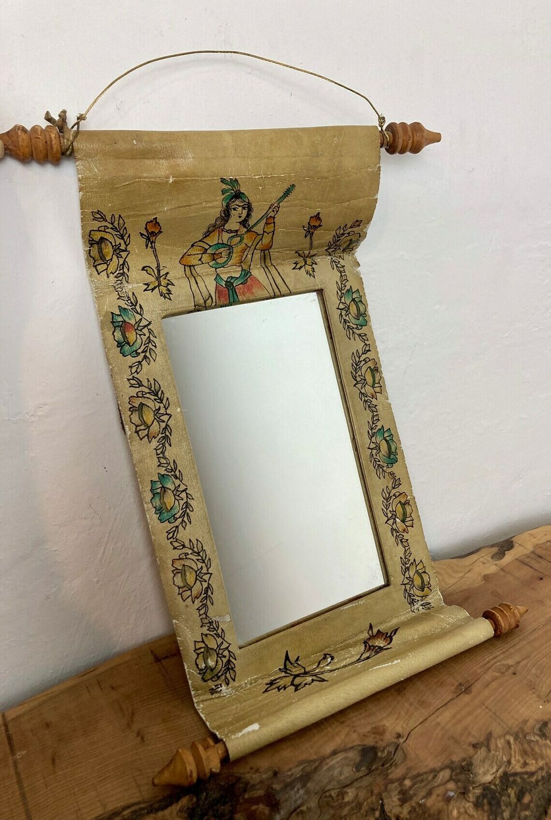 Mid 20th Century Leather Scroll Mirror Indian Indonesian Hand Painted Wall Art photo furniture