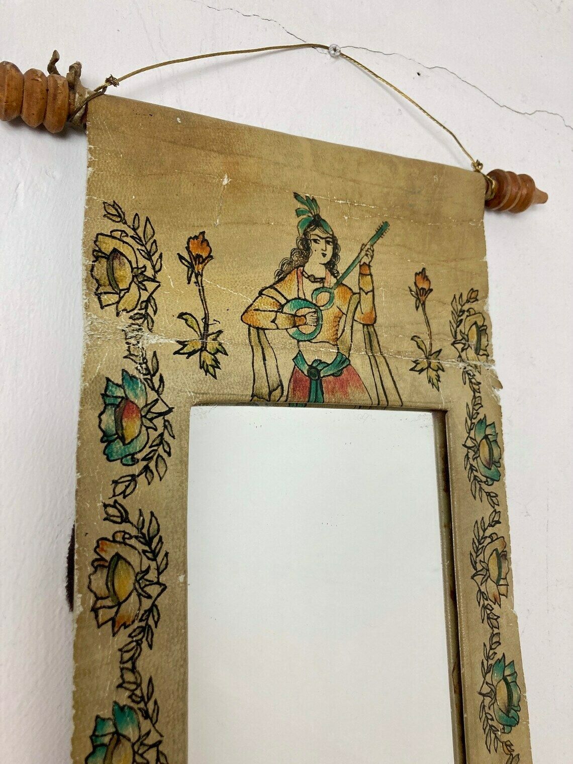 Mid 20th Century Leather Scroll Mirror Indian Indonesian Hand Painted Wall Art photo for sale
