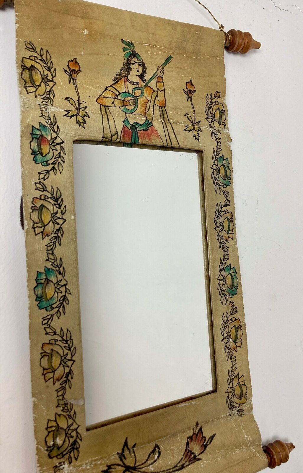 Mid 20th Century Leather Scroll Mirror Indian Indonesian Hand Painted Wall Art photo buy