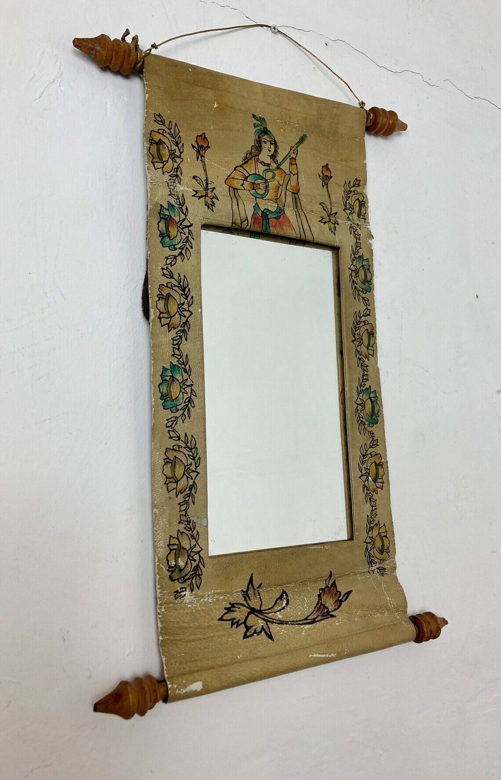 photo furniture Mid 20th Century Leather Scroll Mirror Indian Indonesian Hand Painted Wall Art