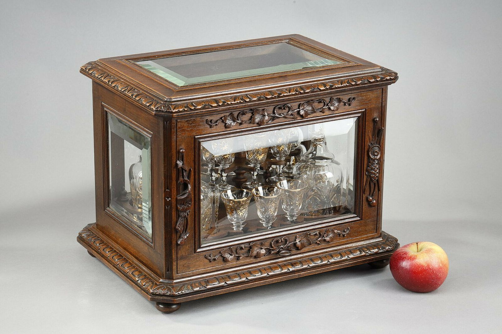 Liqueur Cellar In Carved Wood "Black Forest" And Crystal, Late 19th Century photo for sale