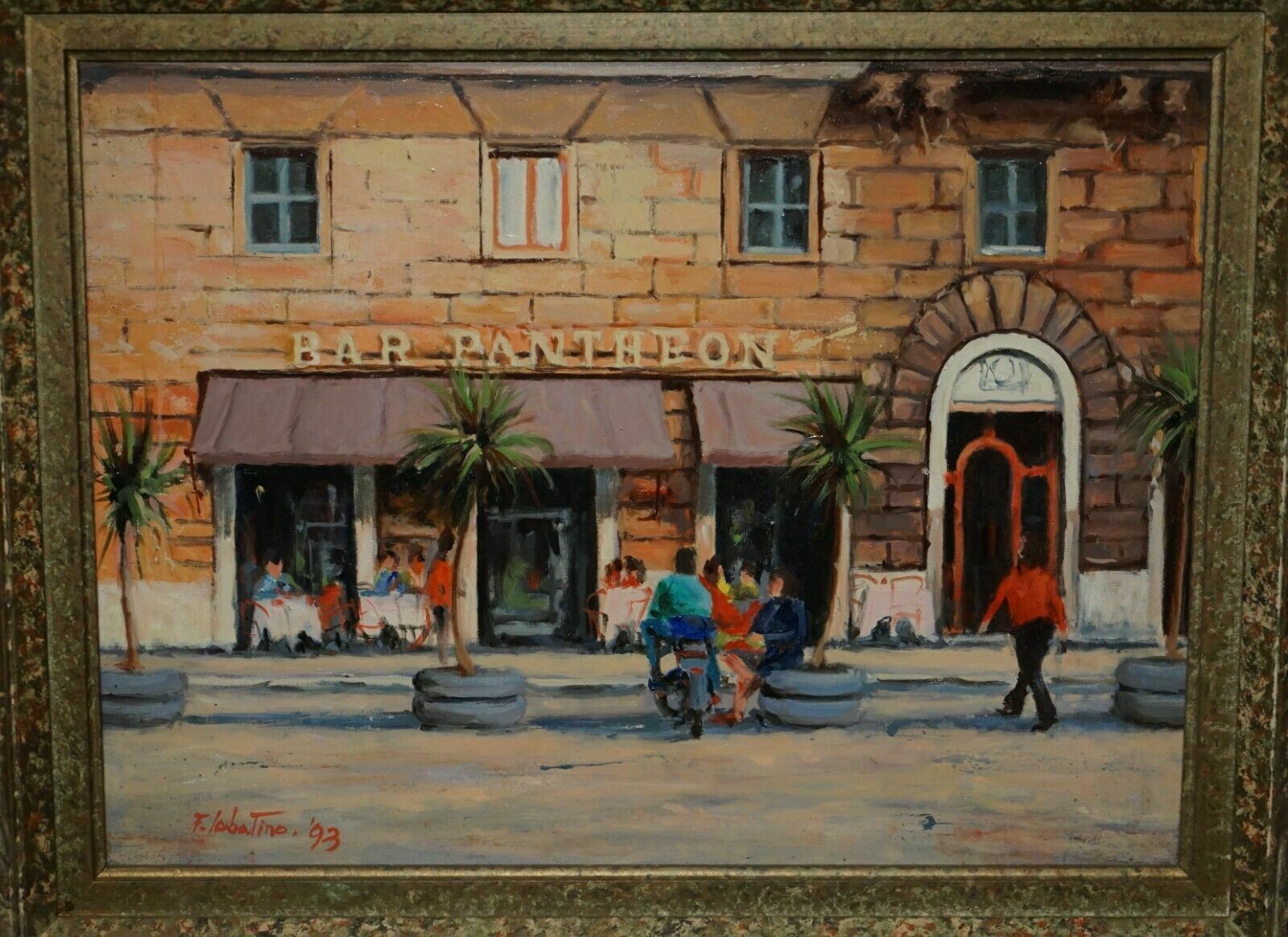 F.Labatino Signed Bar Pantheon Pizza Della Rotonda Oil Painting In Lovely Frame photo furniture
