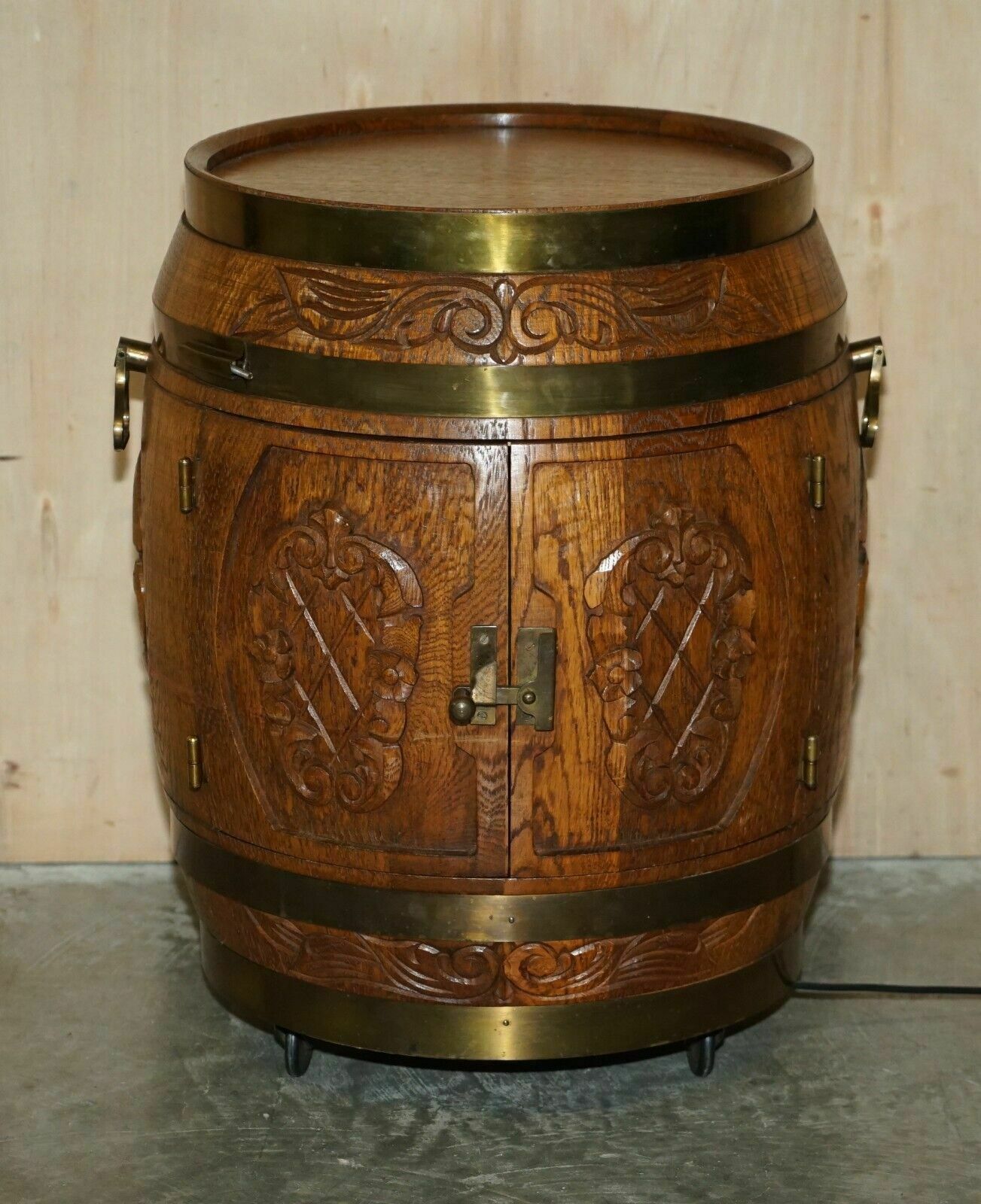 Pair Of Antique Carved Side Table Sized Barrels Made Into Bars / Drinks Holders photo 2950.0