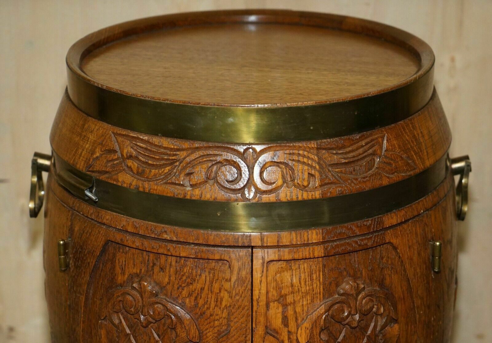 Pair Of Antique Carved Side Table Sized Barrels Made Into Bars / Drinks Holders photo vinterior