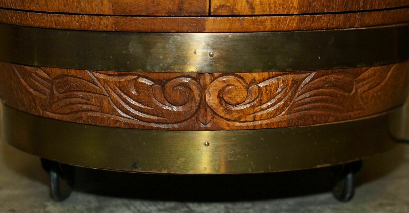photo for sale Pair Of Antique Carved Side Table Sized Barrels Made Into Bars / Drinks Holders