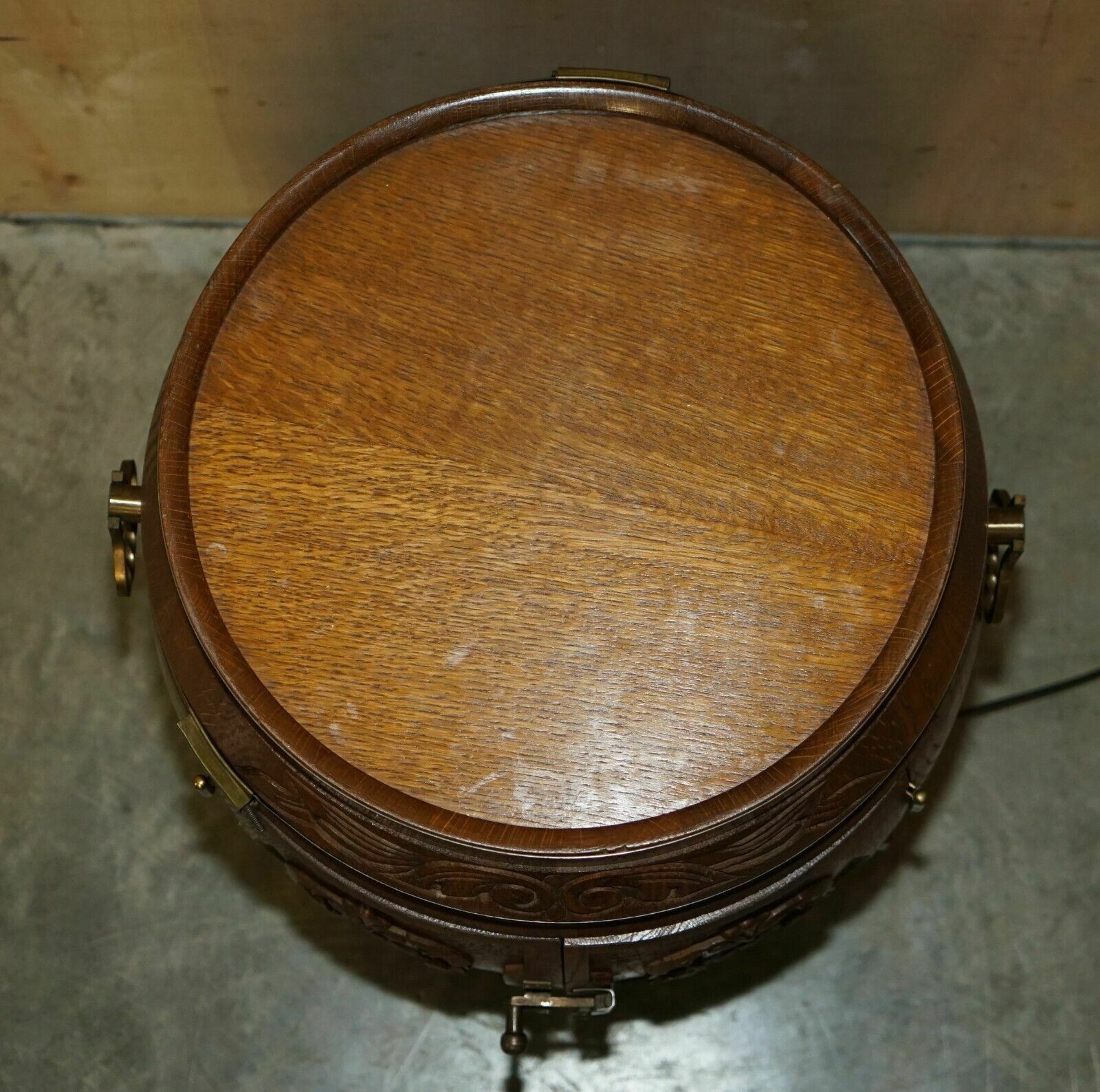 Home Decor Pair Of Antique Carved Side Table Sized Barrels Made Into Bars / Drinks Holders photo