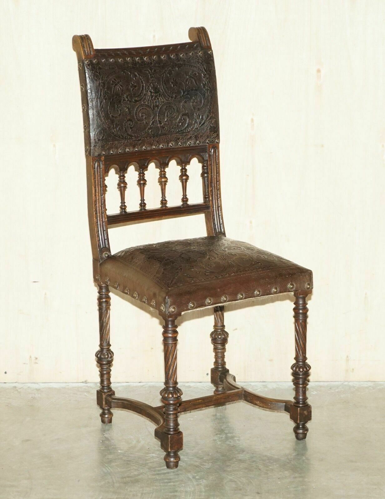 Fine Set Of Six Henry II Circa 1880 French Oak & Embossed Leather Dining Chairs photo furniture