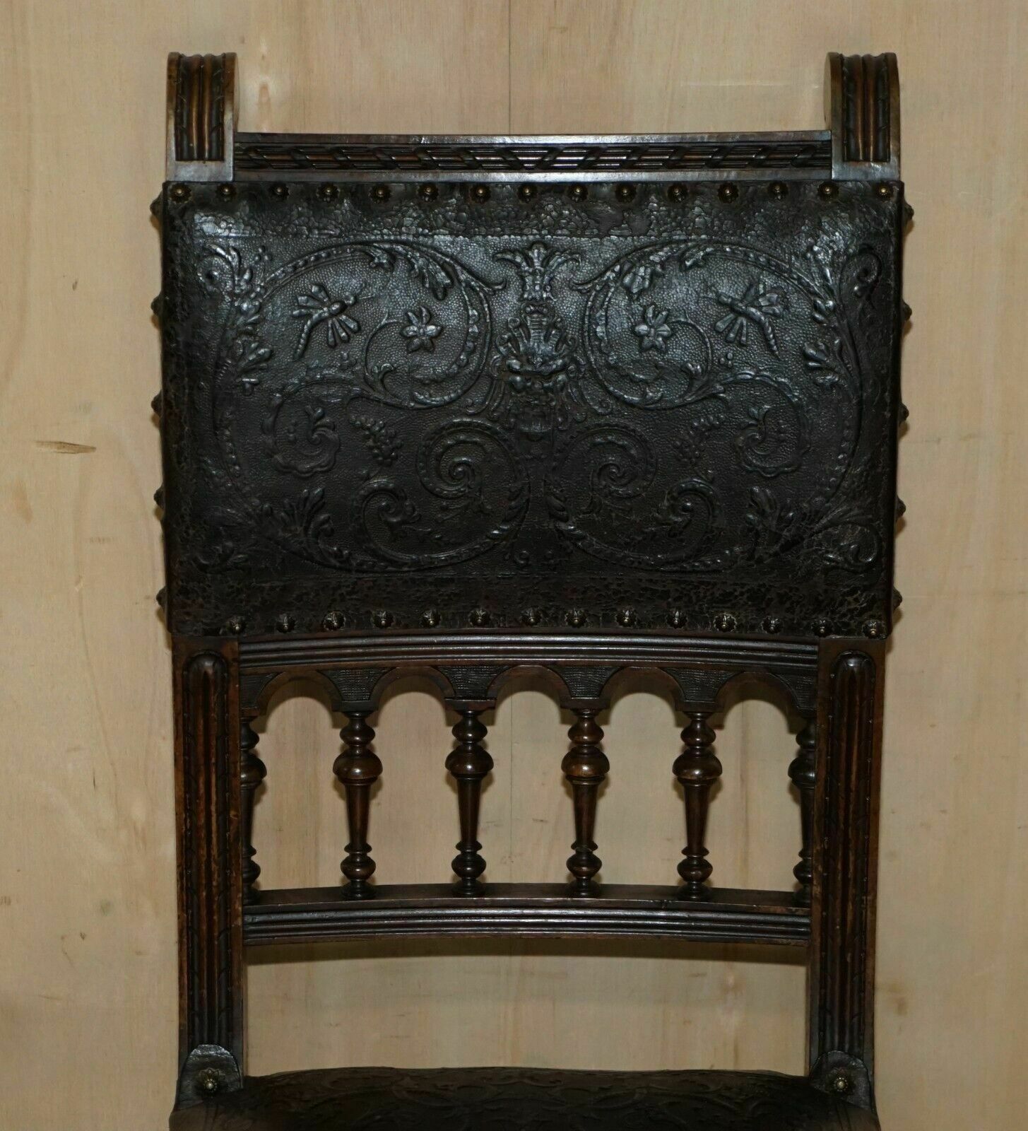 Fine Set Of Six Henry II Circa 1880 French Oak & Embossed Leather Dining Chairs photo Furniture