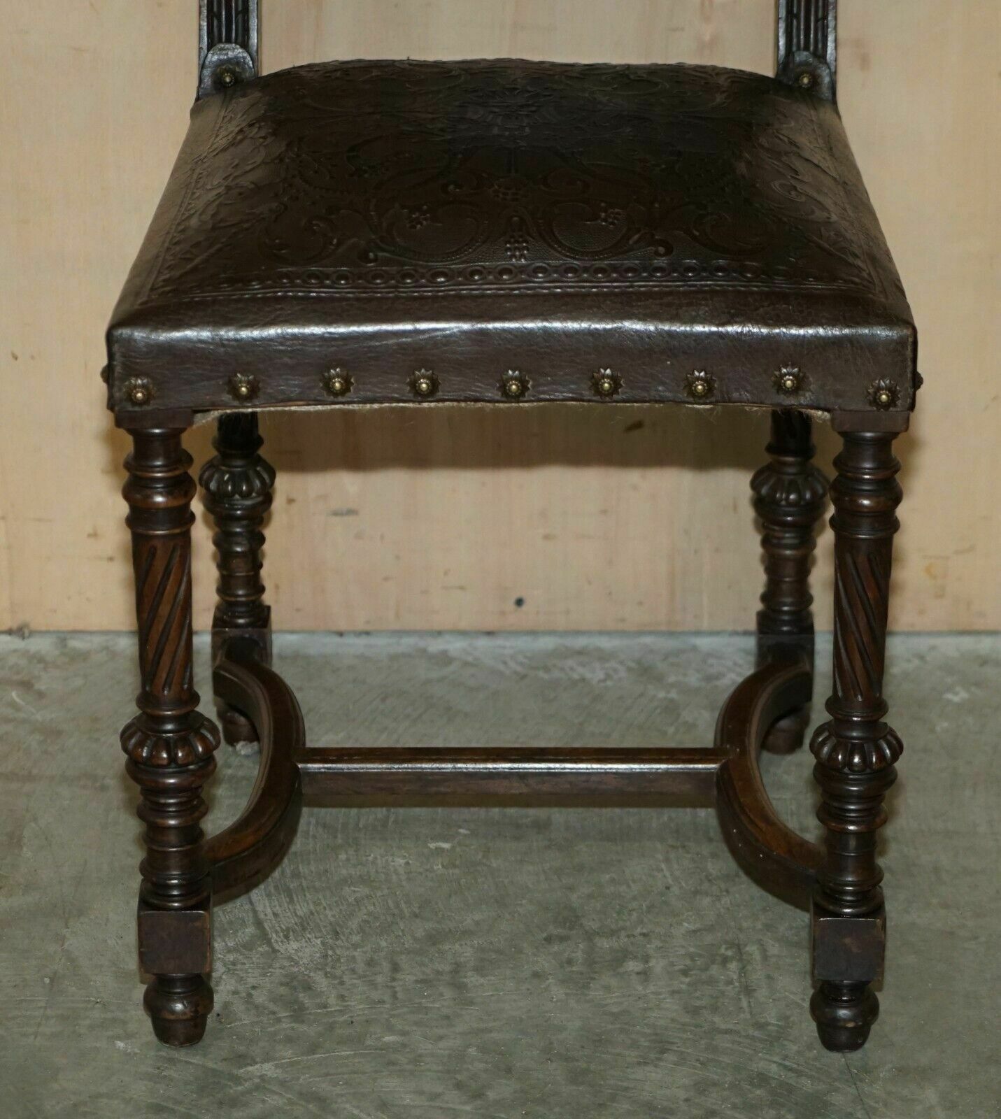 Fine Set Of Six Henry II Circa 1880 French Oak & Embossed Leather Dining Chairs photo 2850.0