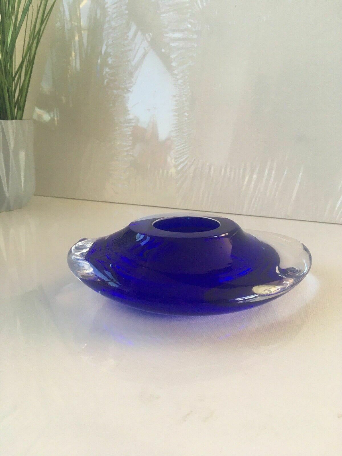 Mid Century Modern Signed Scandinavian Italian Blue Clear Art Glass Geode Bowl photo for sale