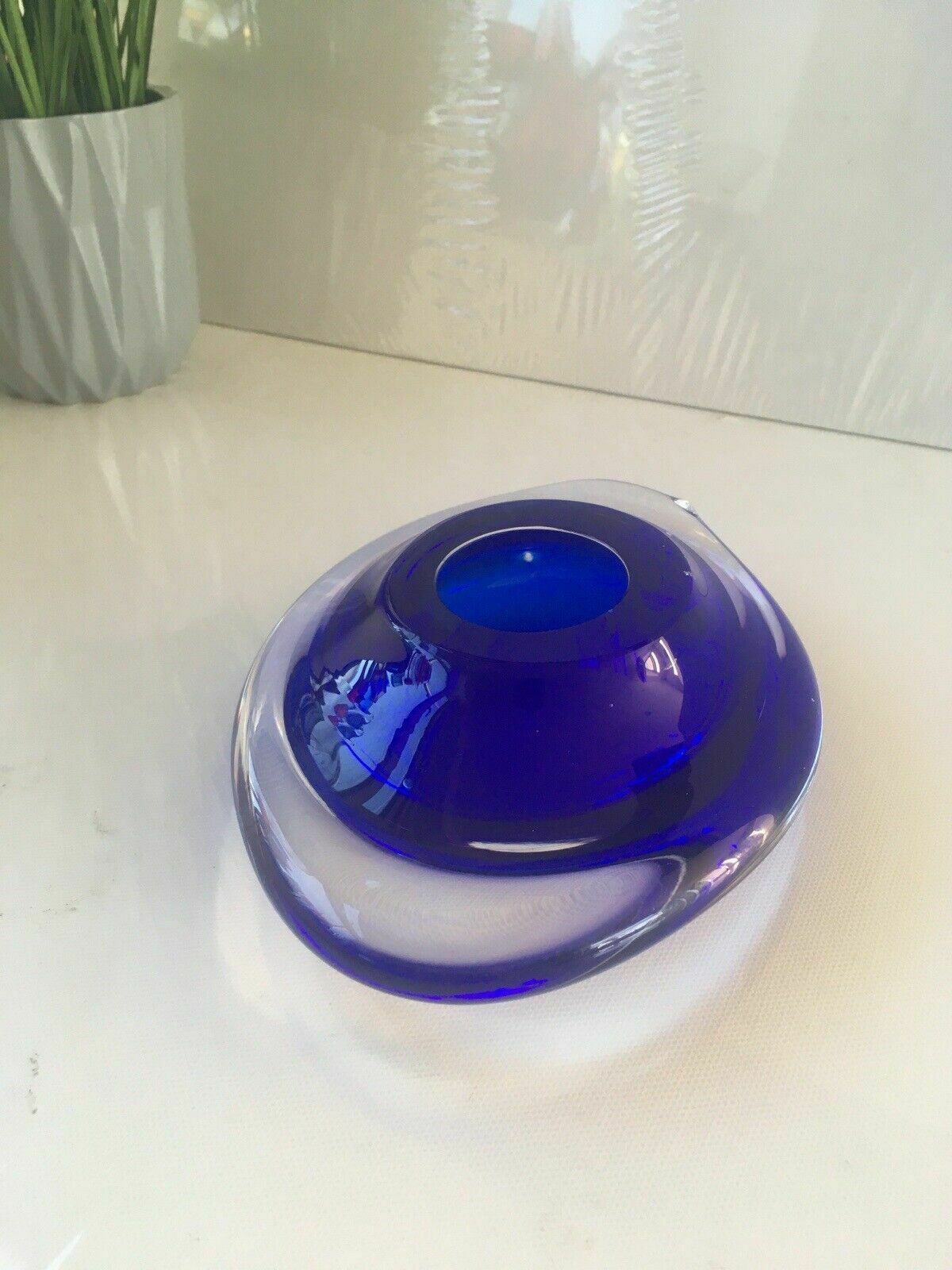 Mid Century Modern Signed Scandinavian Italian Blue Clear Art Glass Geode Bowl photo vintage