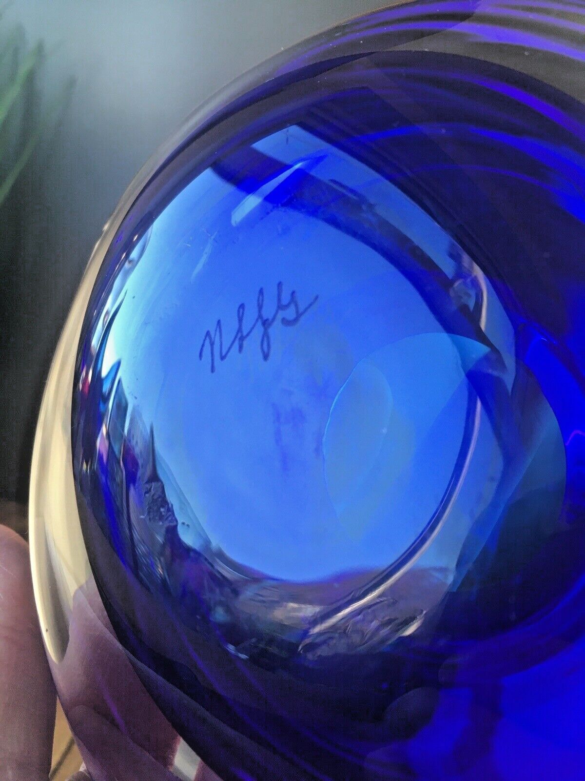 Home Decor Mid Century Modern Signed Scandinavian Italian Blue Clear Art Glass Geode Bowl photo