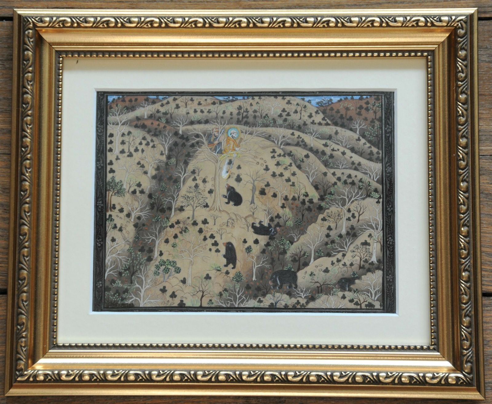 Vintage Pair Of Framed Indian Miniature Paintings In Rajasthani Mughal Style photo for sale