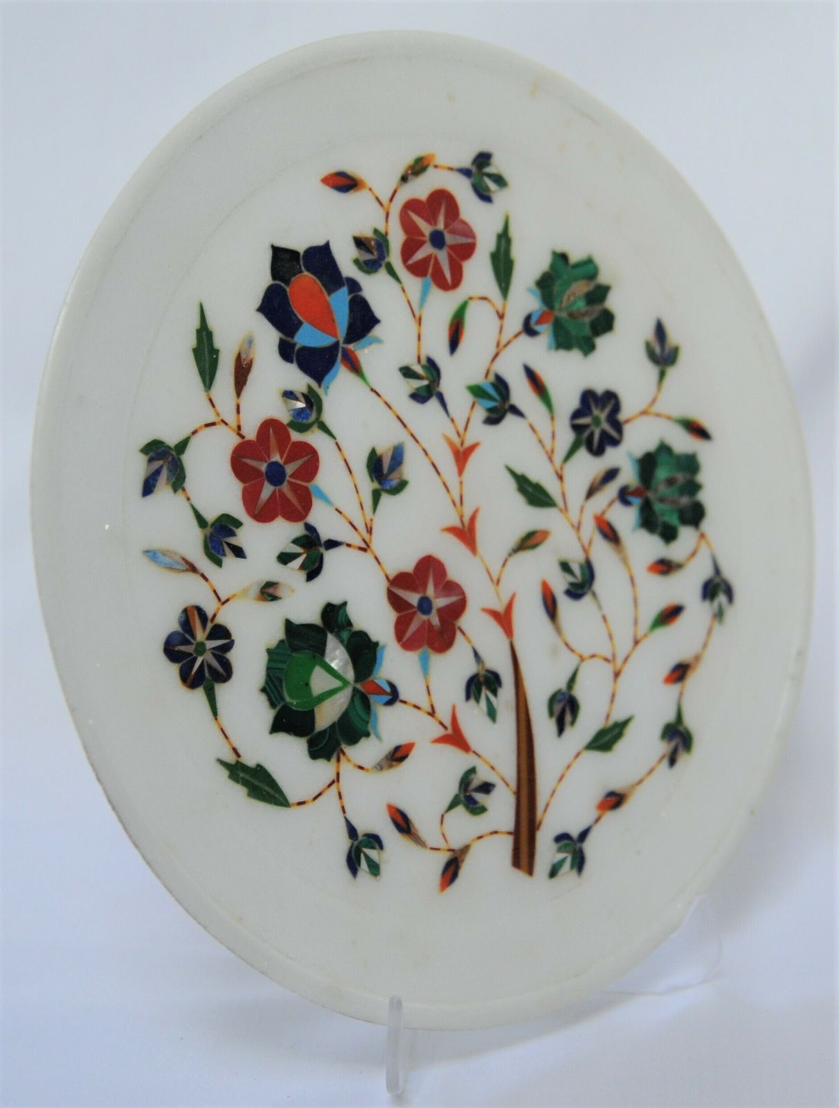 Vintage Indian Marble Plate With Precious Stone And Mother Of Pearl Inlay photo Home Decor