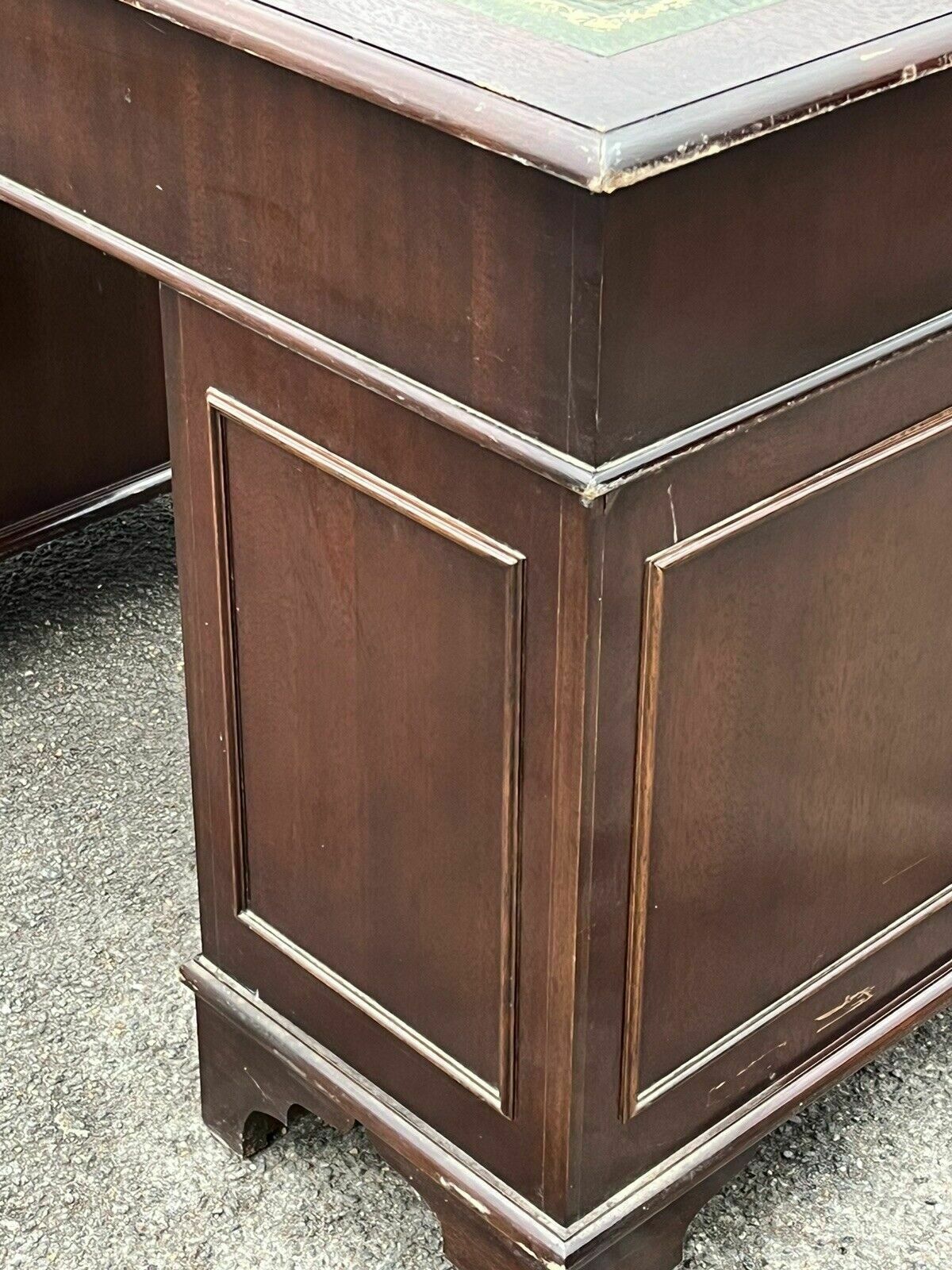 photo for sale Pedestal Desk In Flame Veneer Mahogany With Green Leather Top.