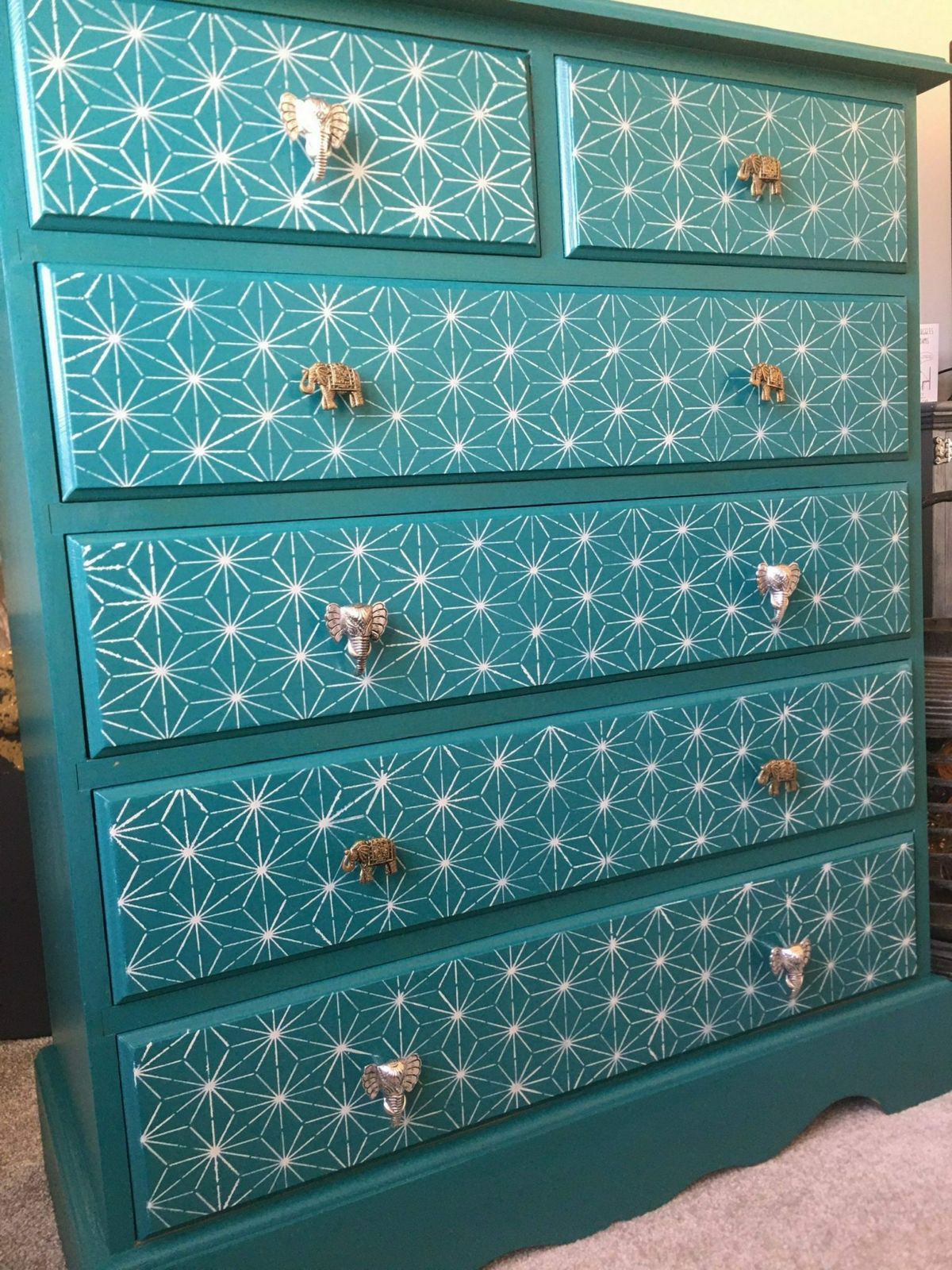 Chest Of Drawers Painted Bespoke Moroccan Geometric Bee Elephant Handles Stencilled