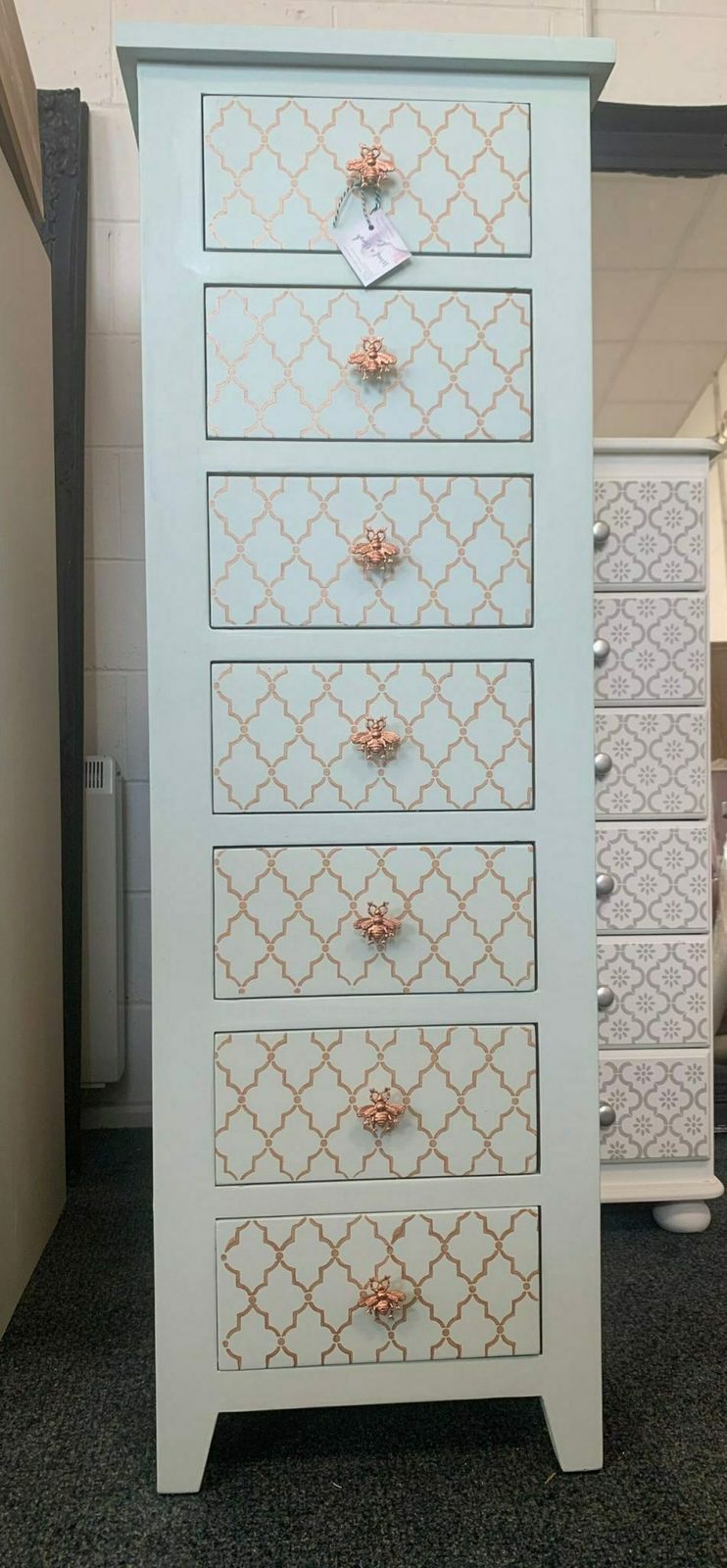 Tall Boy Chest Painted Bespoke Moroccan Geometric Bee Elephant Handles Stencilled photo for sale