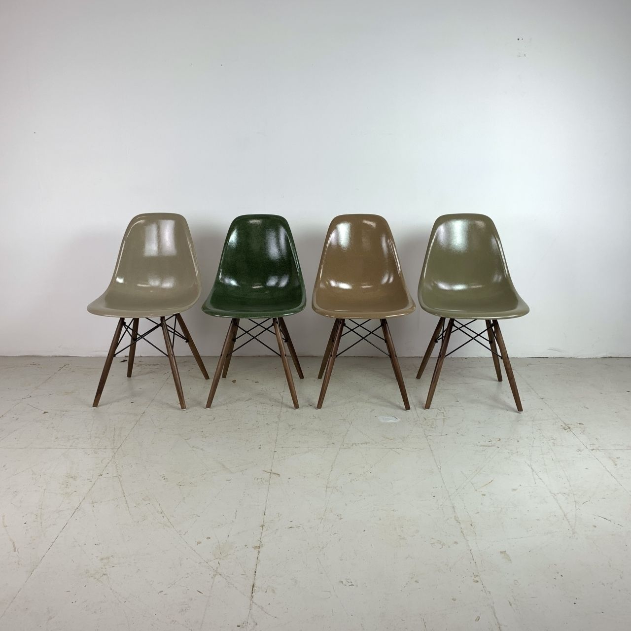 Eames Herman Miller Dsw Side Chairs In Ligh Greige, Dark Olive, Tan And Umber photo for sale