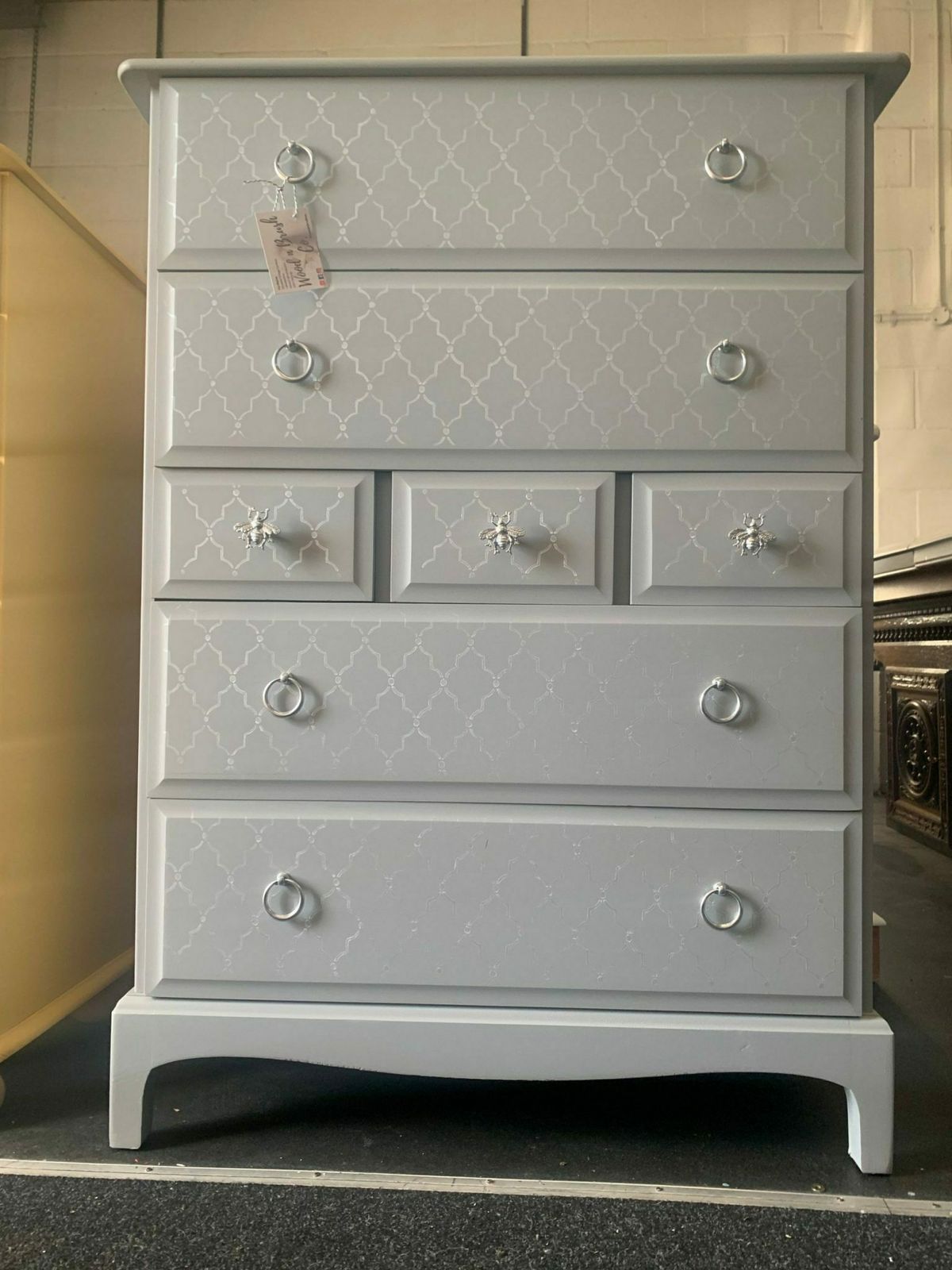 Stag Minstrel Chest Of Drawers Tall Boy Mid Century Painted Silver Grey Moroccan Boho photo furniture