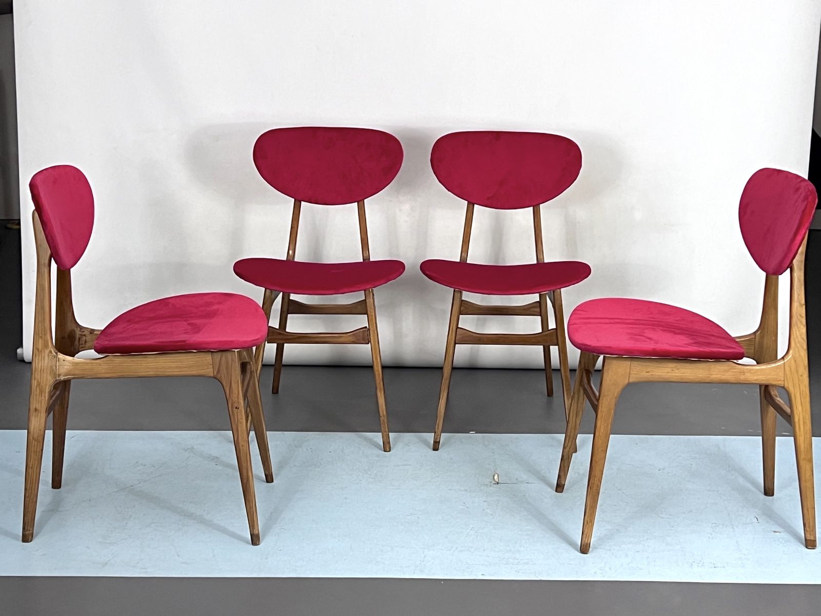 Mid Century Set Of Four Red Velvet And Wood Dining Chairs. Italy 1950s photo furniture