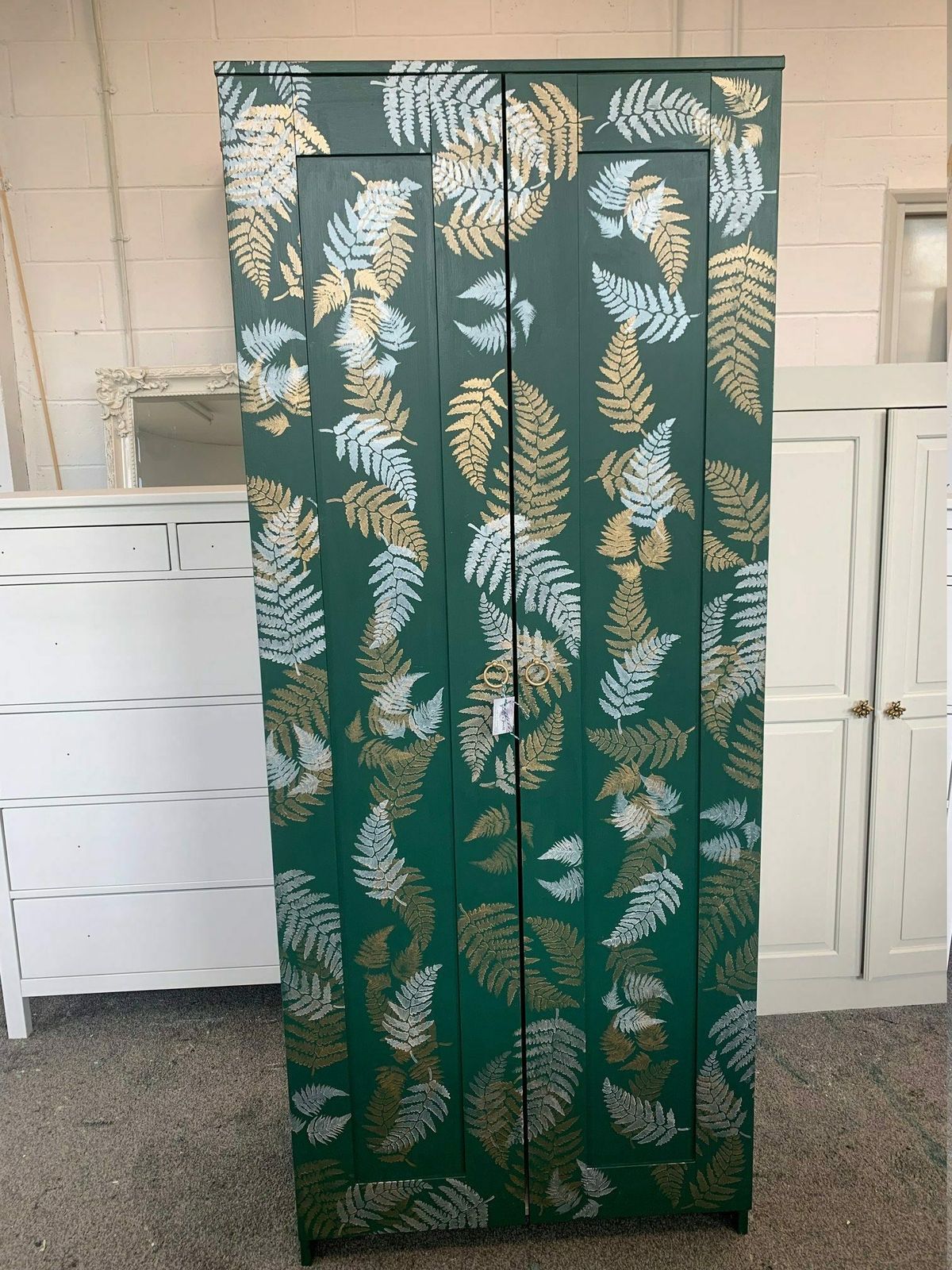 Custom Painted Wardrobe Botanical Palm Leaf Green And Cream And Gold