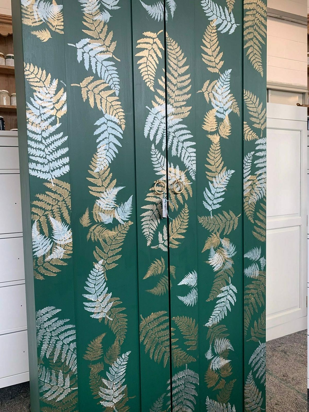 Custom Painted Wardrobe Botanical Palm Leaf Green And Cream And Gold photo furniture