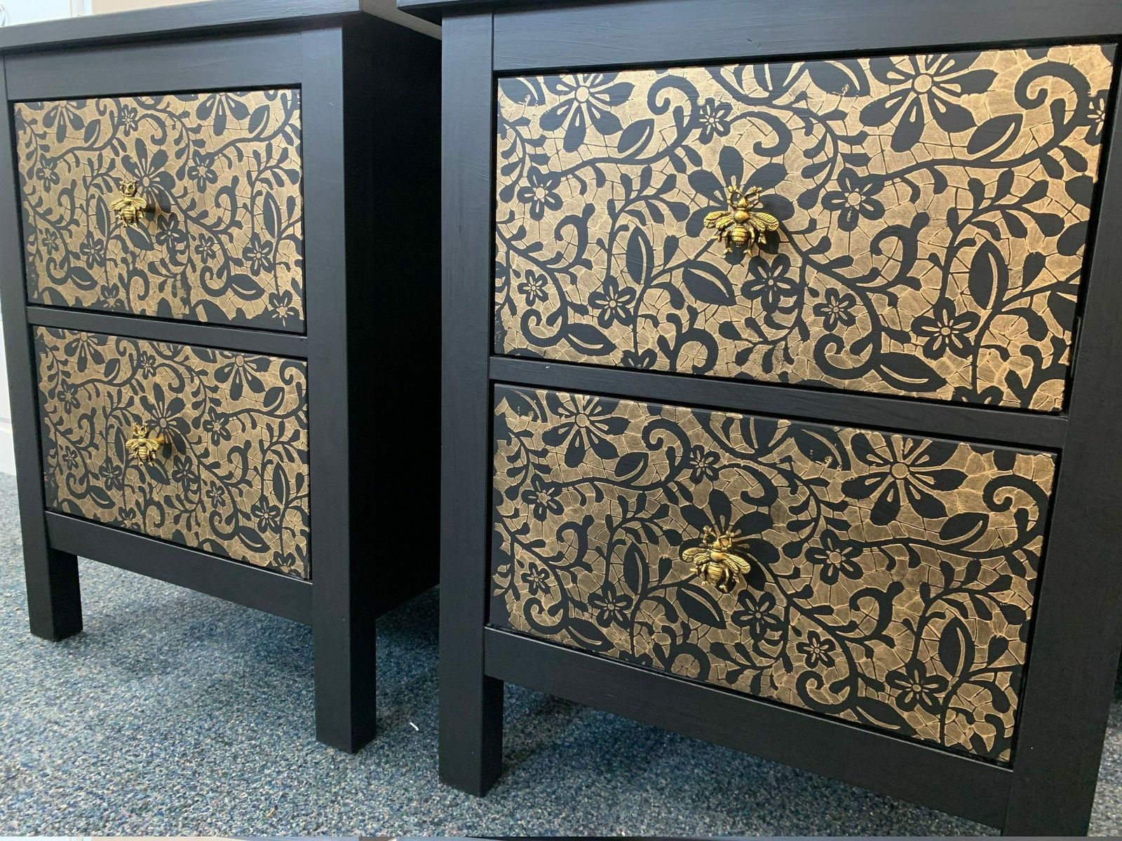 Pair Of Bedside Tables Painted Bespoke Moroccan Geometric Art Deco Gold Leaf Bee Elephant Handles Stencilled photo furniture